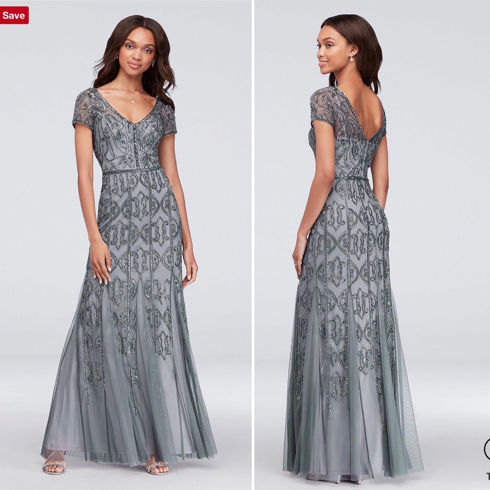 NEW Beaded Mesh V-Neck Sheath Gown w. Cap Sleeves